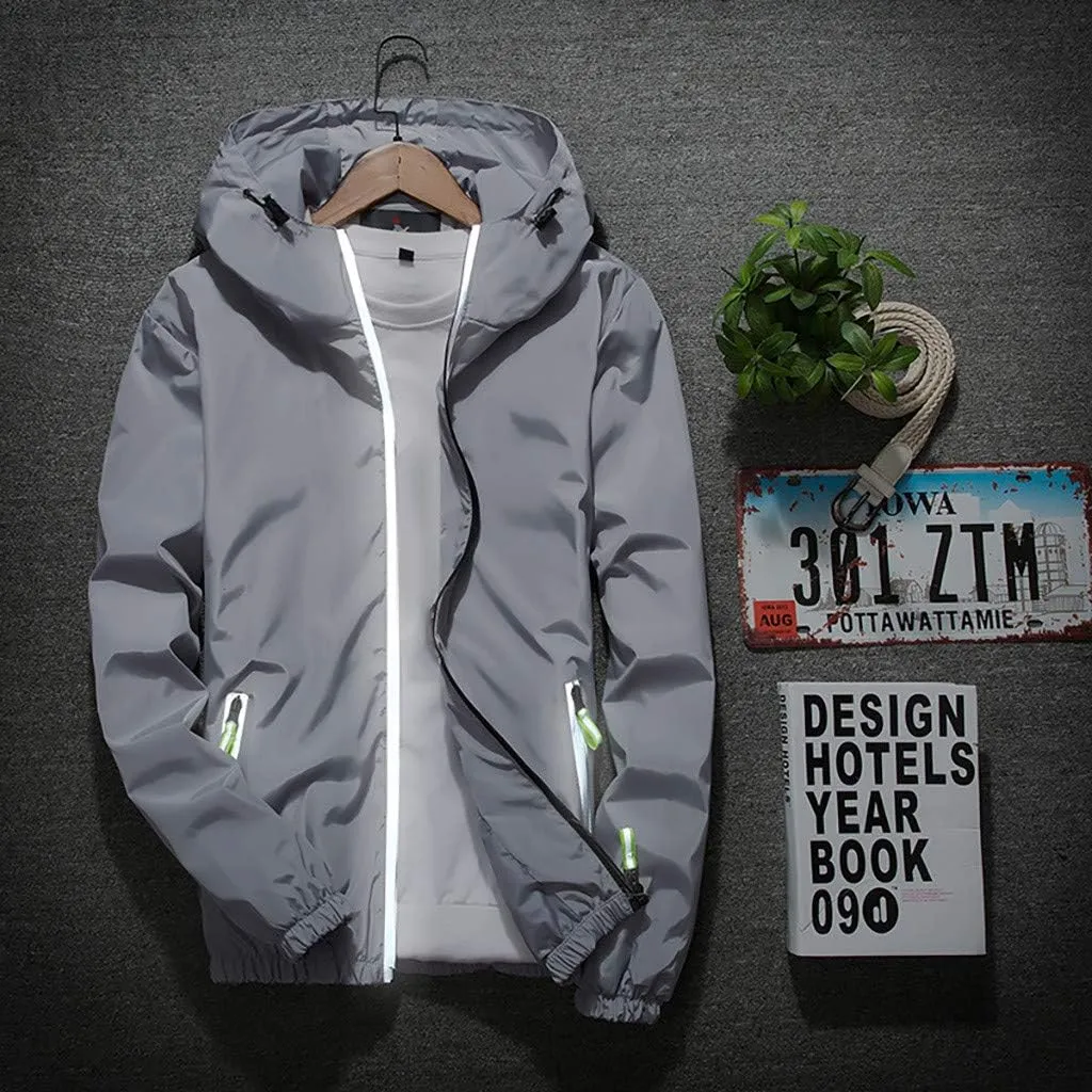Mens Winter Jacket Mens Casual Jacket Casual Size Hoodie Reflective Zipper Outdoor Sport Coat