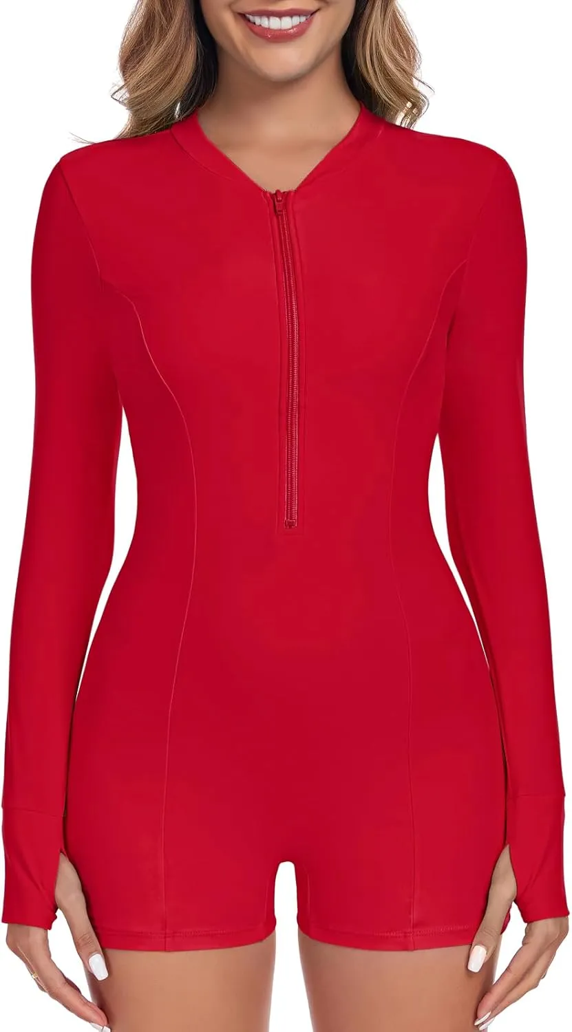 Ocean Blues Women's Long Sleeve One Piece Bathing Suit Athletic Boyleg One Piece Swimsuit UPF 50  Sun Protection Rash Guard