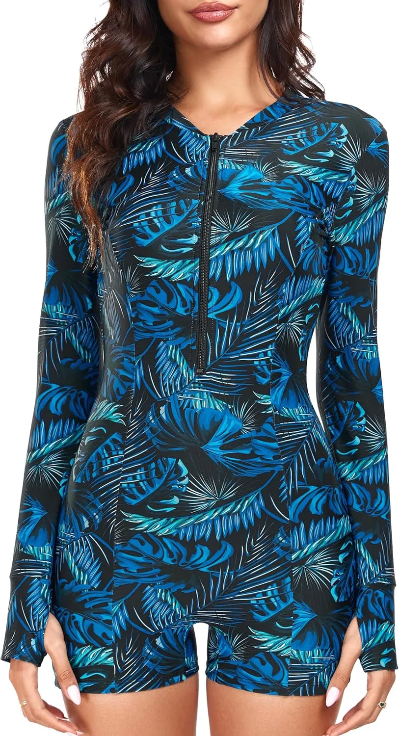 Ocean Blues Women's Long Sleeve One Piece Bathing Suit Athletic Boyleg One Piece Swimsuit UPF 50  Sun Protection Rash Guard