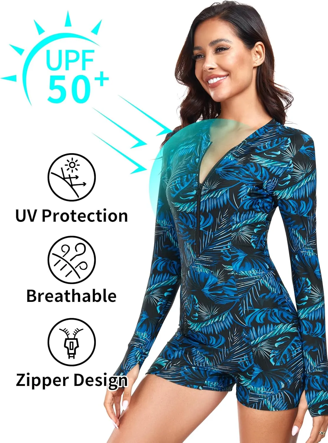 Ocean Blues Women's Long Sleeve One Piece Bathing Suit Athletic Boyleg One Piece Swimsuit UPF 50  Sun Protection Rash Guard