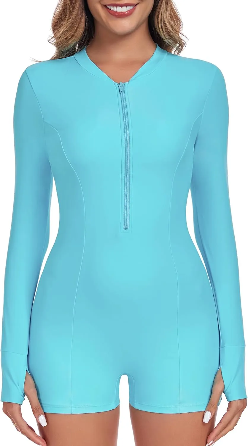 Ocean Blues Women's Long Sleeve One Piece Bathing Suit Athletic Boyleg One Piece Swimsuit UPF 50  Sun Protection Rash Guard