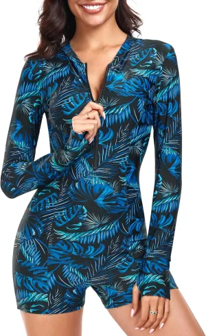 Ocean Blues Women's Long Sleeve One Piece Bathing Suit Athletic Boyleg One Piece Swimsuit UPF 50  Sun Protection Rash Guard