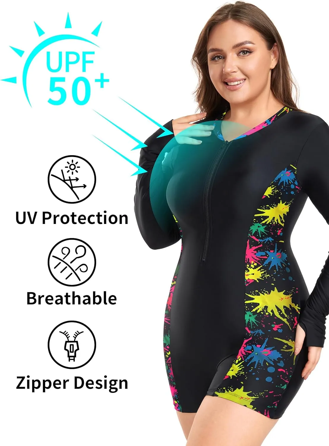 Ocean Blues Women's Long Sleeve One Piece Bathing Suit Athletic Boyleg One Piece Swimsuit UPF 50  Sun Protection Rash Guard