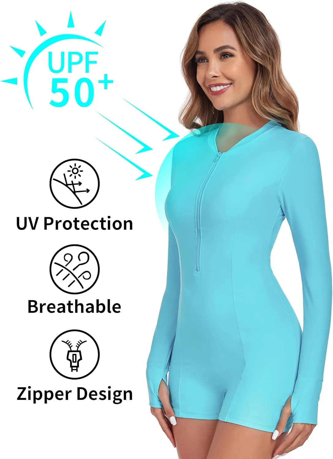 Ocean Blues Women's Long Sleeve One Piece Bathing Suit Athletic Boyleg One Piece Swimsuit UPF 50  Sun Protection Rash Guard