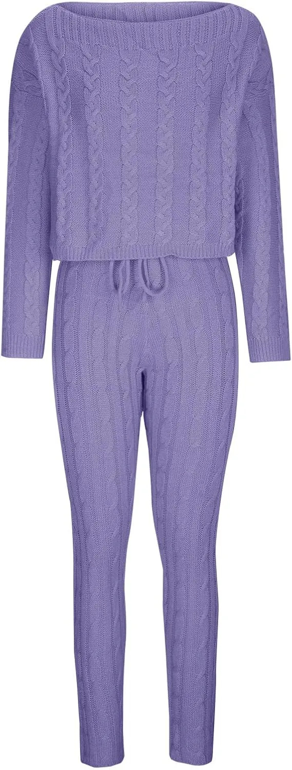 Oplxuo Off Shoulder Sweater Sets for Women Two Piece Outfits Cable Knit Pullover Tops and Bodycon Pants Lounge Matching Set