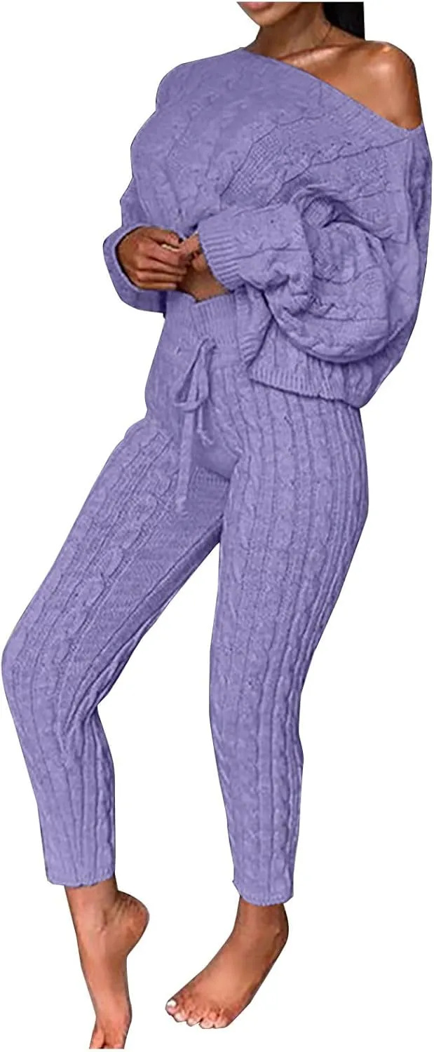 Oplxuo Off Shoulder Sweater Sets for Women Two Piece Outfits Cable Knit Pullover Tops and Bodycon Pants Lounge Matching Set