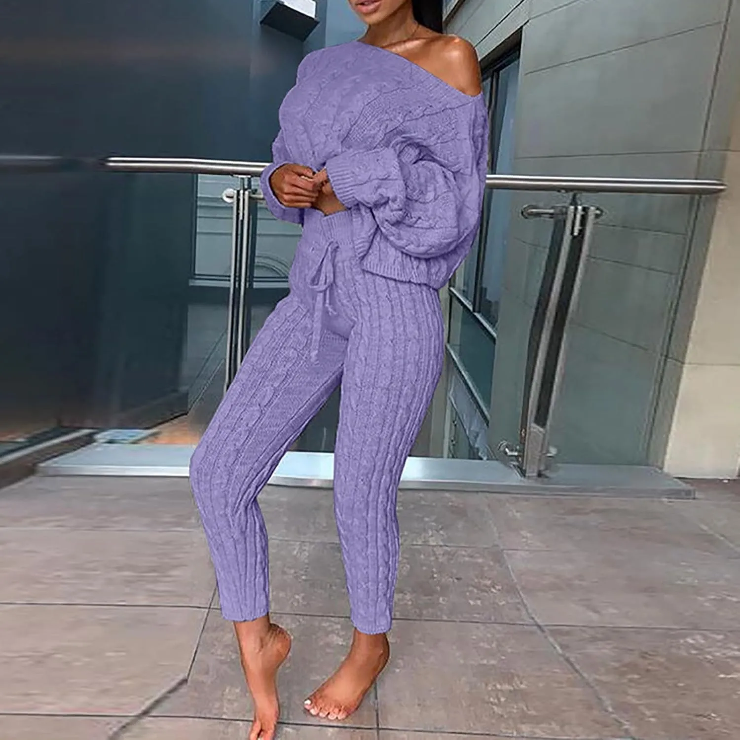 Oplxuo Off Shoulder Sweater Sets for Women Two Piece Outfits Cable Knit Pullover Tops and Bodycon Pants Lounge Matching Set