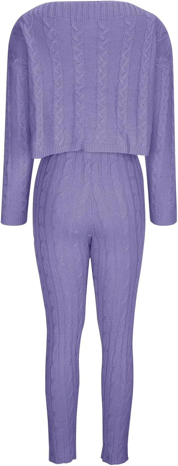 Oplxuo Off Shoulder Sweater Sets for Women Two Piece Outfits Cable Knit Pullover Tops and Bodycon Pants Lounge Matching Set