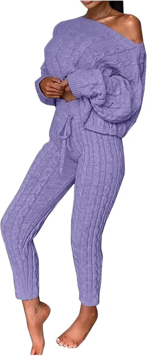Oplxuo Off Shoulder Sweater Sets for Women Two Piece Outfits Cable Knit Pullover Tops and Bodycon Pants Lounge Matching Set