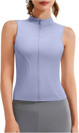 Oplxuo Women's Sleeveless Crop Shirt - Zip Up Workout Running Vest Tank Tops Slim Fit Athletic Gym Yoga Camis Jackets