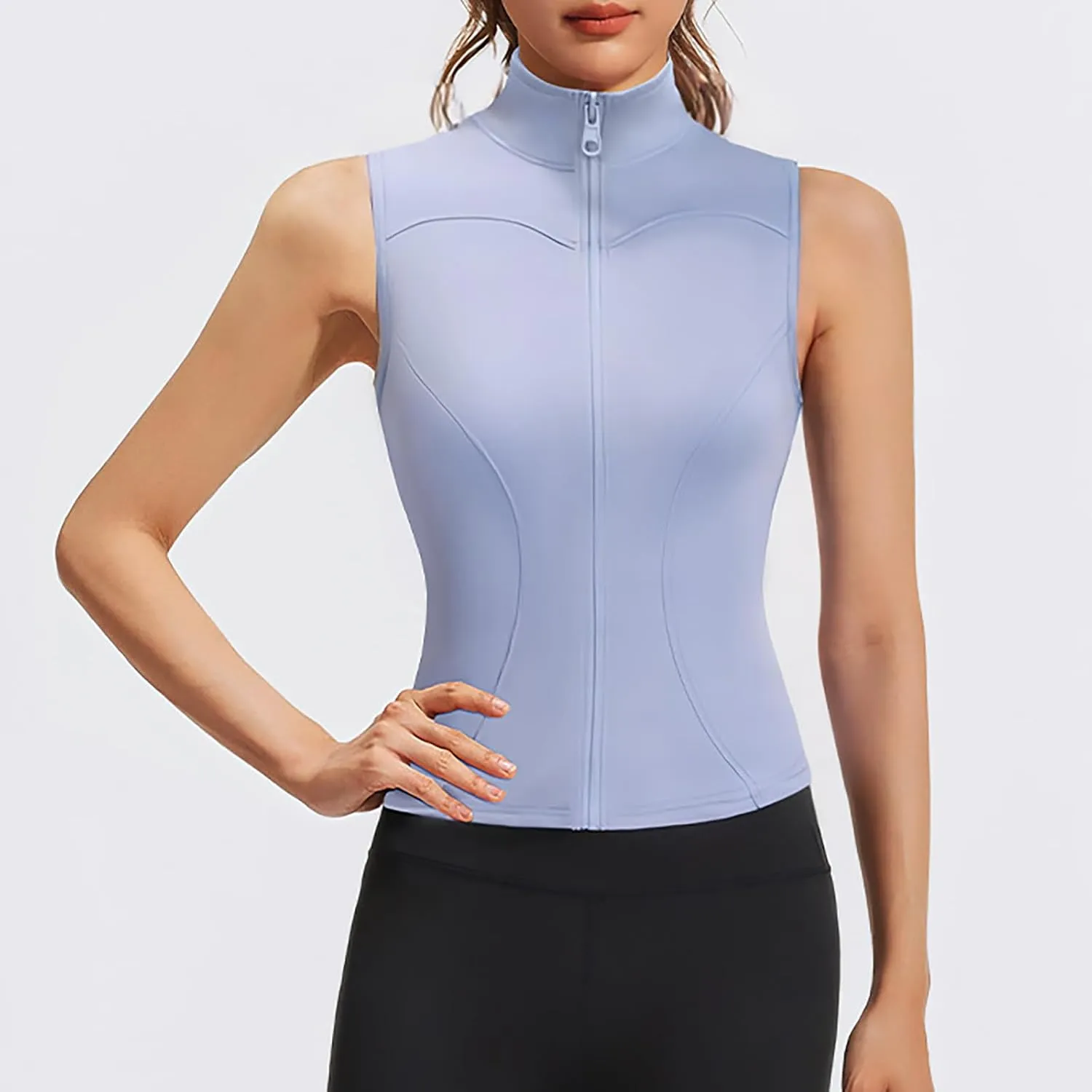 Oplxuo Women's Sleeveless Crop Shirt - Zip Up Workout Running Vest Tank Tops Slim Fit Athletic Gym Yoga Camis Jackets