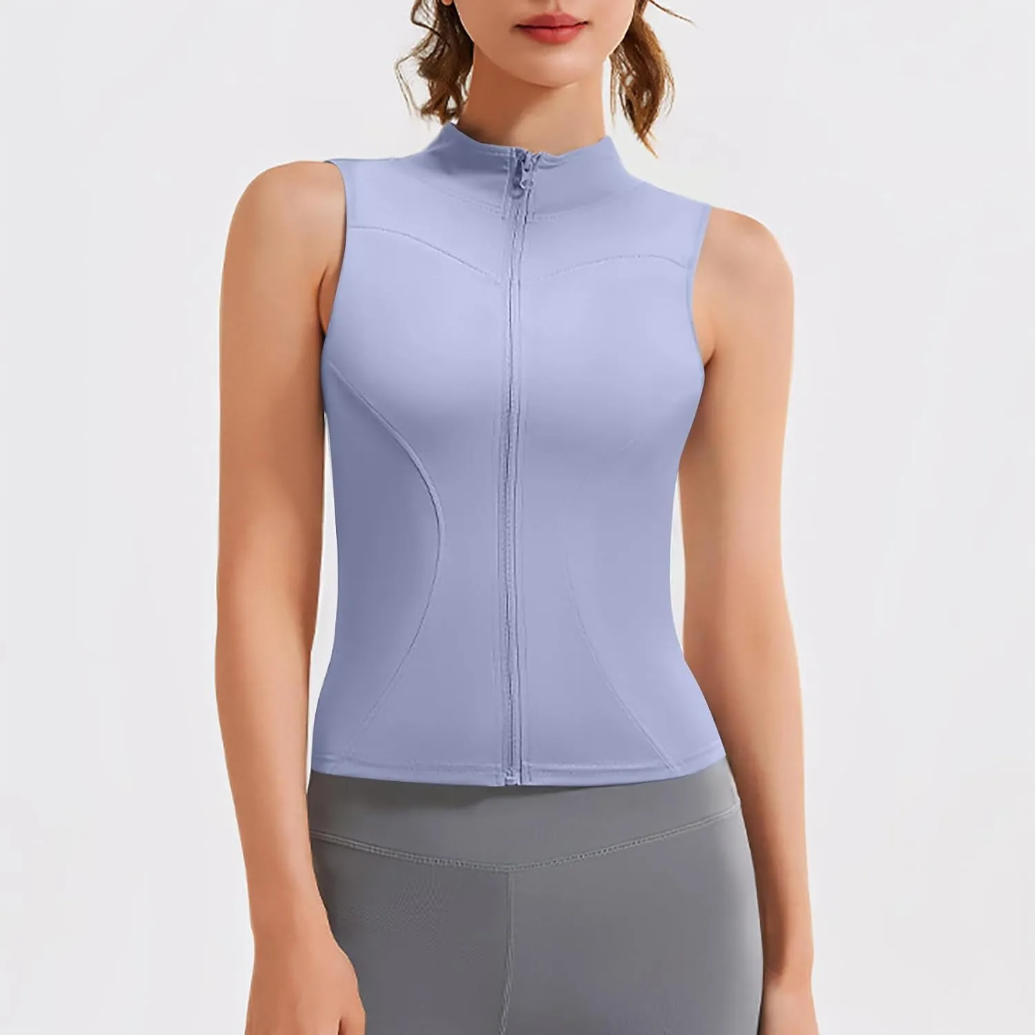 Oplxuo Women's Sleeveless Crop Shirt - Zip Up Workout Running Vest Tank Tops Slim Fit Athletic Gym Yoga Camis Jackets