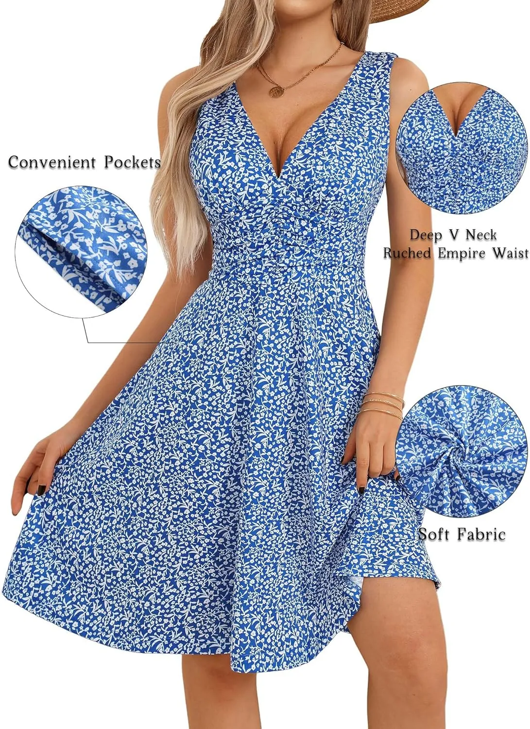 OURIN Women's Spring Deep V Neck Sleeveless Floral Sundresses with Pockets Flowy Summer Dresses for Women 2025