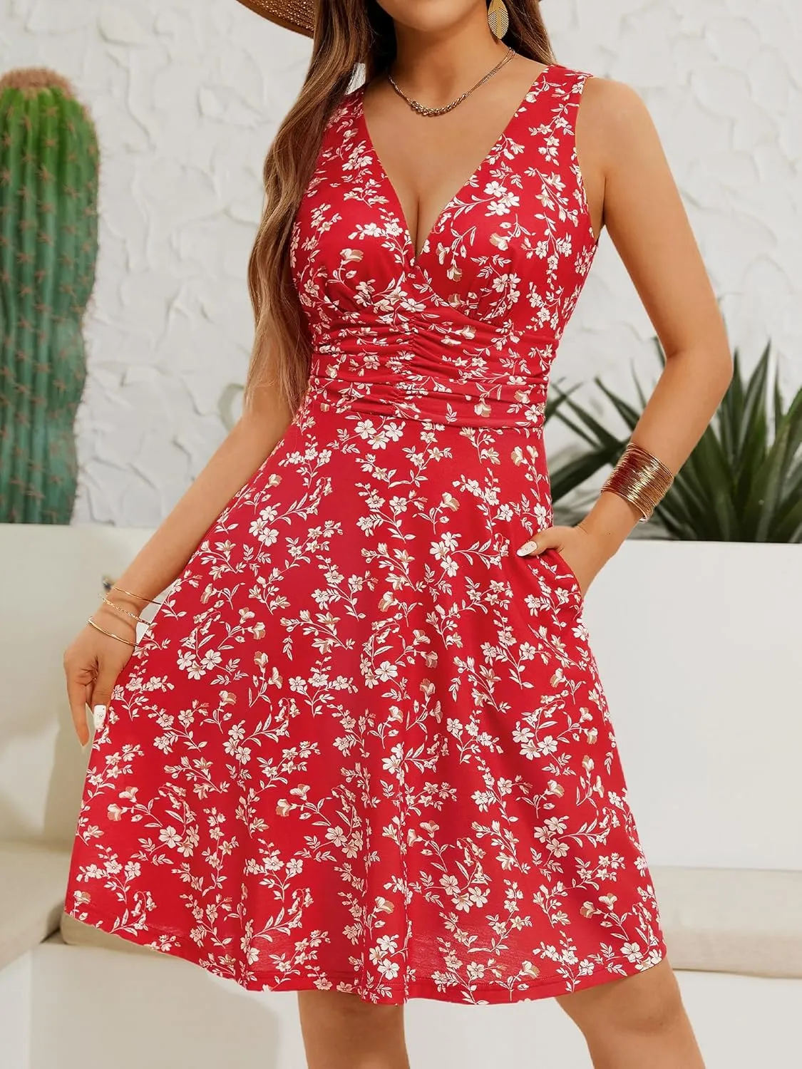 OURIN Women's Spring Deep V Neck Sleeveless Floral Sundresses with Pockets Flowy Summer Dresses for Women 2025