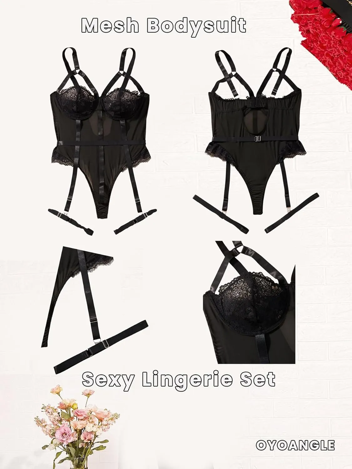 OYOANGLE Women's Plus Size Ring Linked Cut Out Sheer Mesh Teddy Bodysuit Garter Lingerie Set