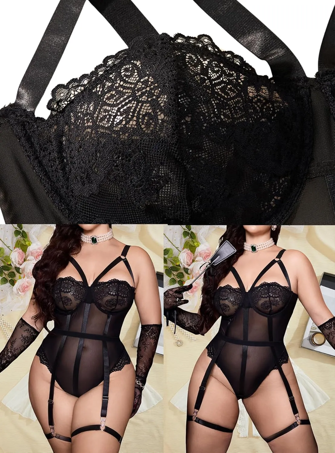 OYOANGLE Women's Plus Size Ring Linked Cut Out Sheer Mesh Teddy Bodysuit Garter Lingerie Set