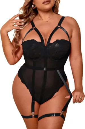 OYOANGLE Women's Plus Size Ring Linked Cut Out Sheer Mesh Teddy Bodysuit Garter Lingerie Set