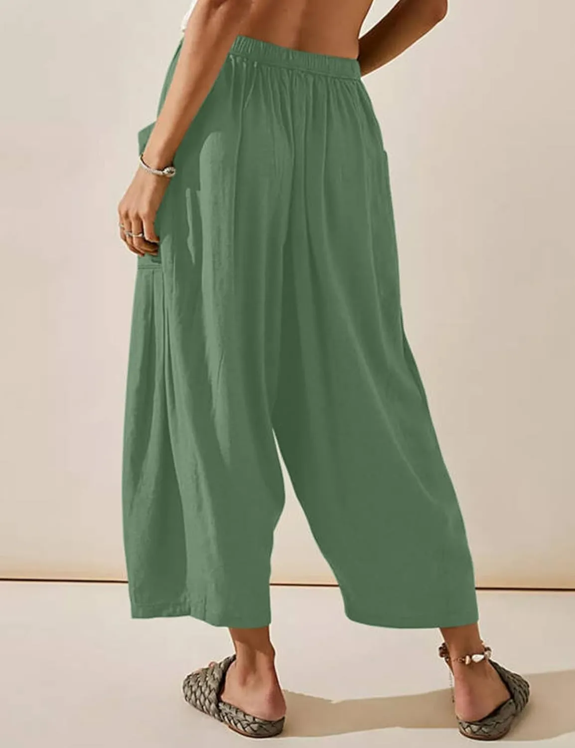 Perbai Womens Baggy Linen Capri Pants Summer Casual Wide Leg Cropped Hippie Lantern Trousers