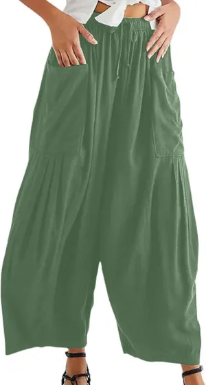 Perbai Womens Baggy Linen Capri Pants Summer Casual Wide Leg Cropped Hippie Lantern Trousers