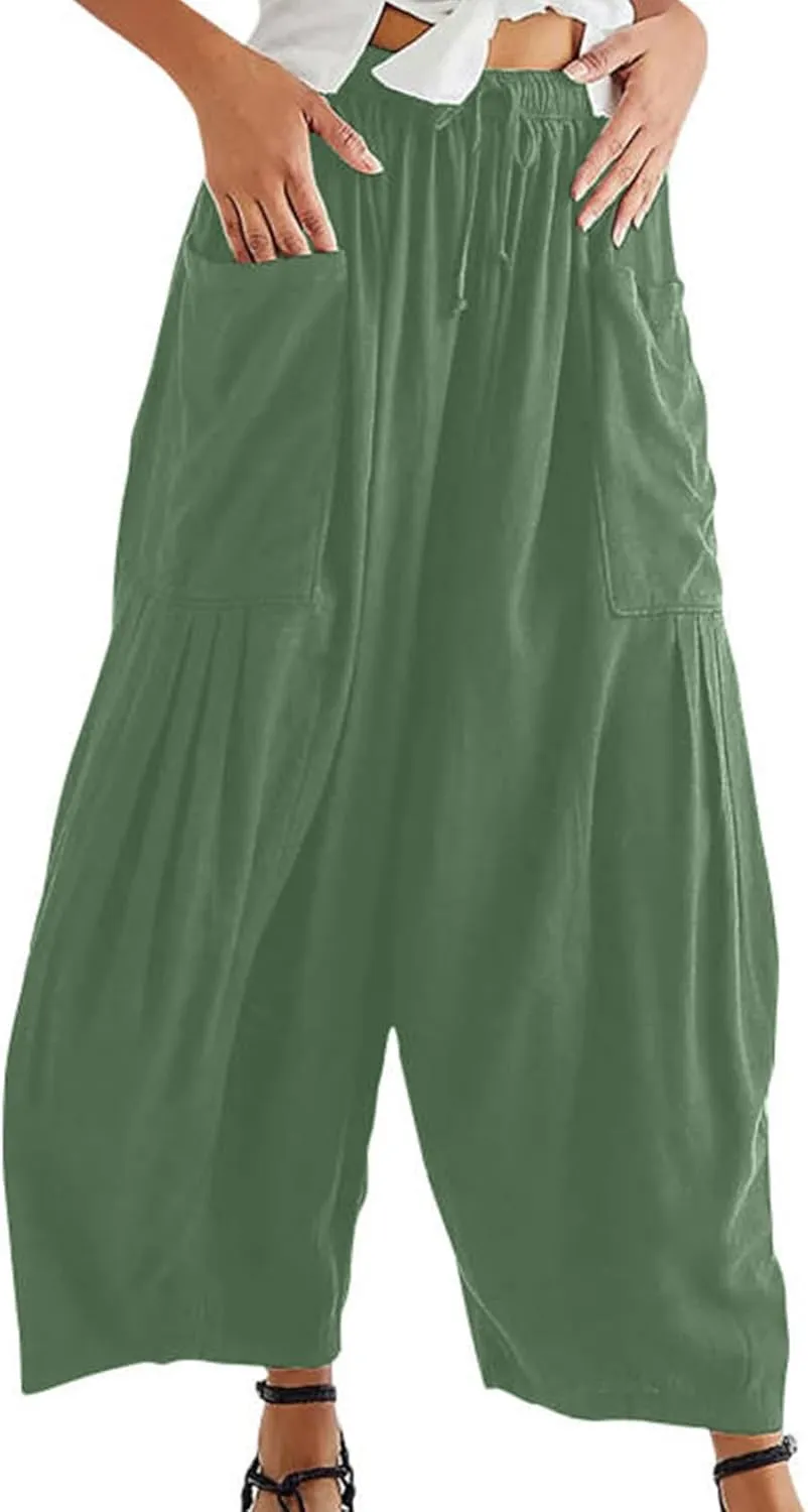 Perbai Womens Baggy Linen Capri Pants Summer Casual Wide Leg Cropped Hippie Lantern Trousers
