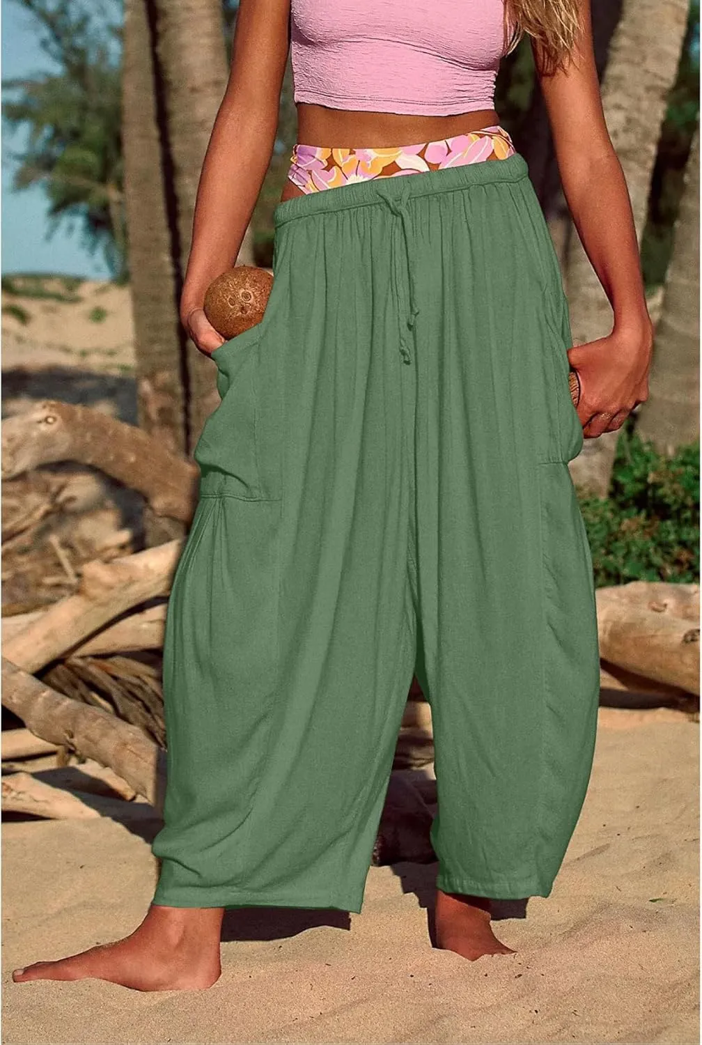 Perbai Womens Baggy Linen Capri Pants Summer Casual Wide Leg Cropped Hippie Lantern Trousers