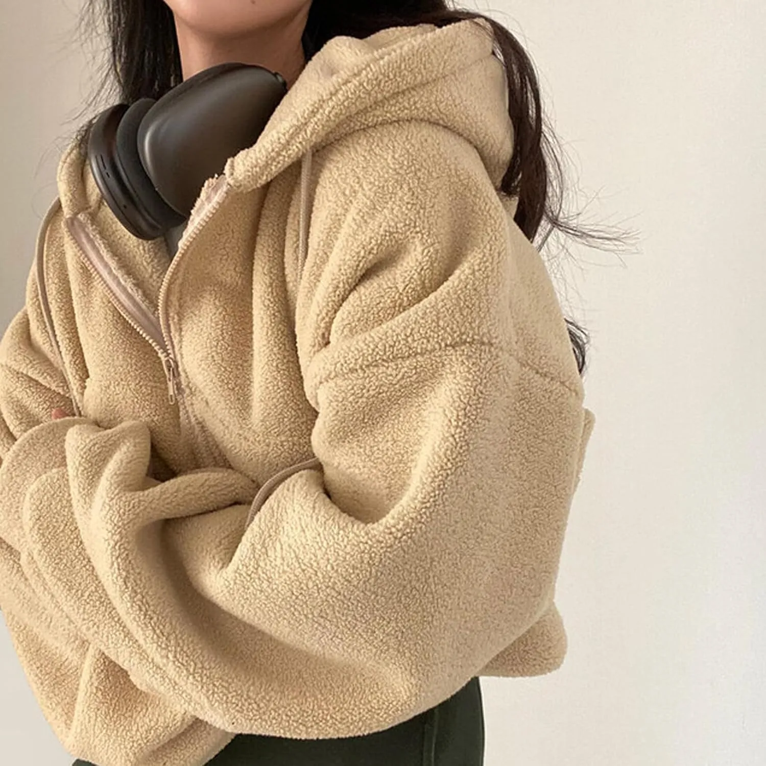 Perbai Womens Fuzzy Fleece Cropped Hoodie Zip Up Fluffy Sherpa Sweatshirt Jacket with Pockets