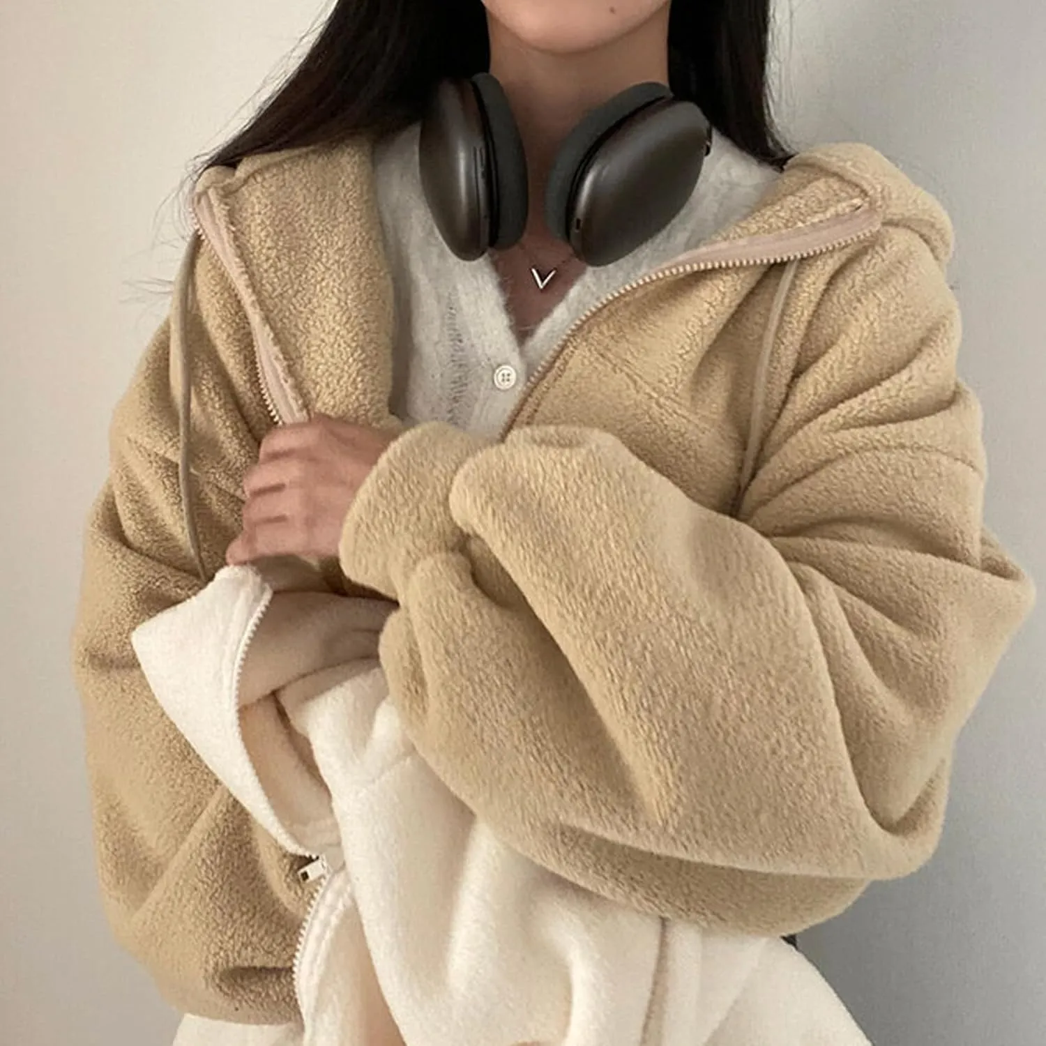 Perbai Womens Fuzzy Fleece Cropped Hoodie Zip Up Fluffy Sherpa Sweatshirt Jacket with Pockets