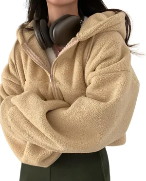 Perbai Womens Fuzzy Fleece Cropped Hoodie Zip Up Fluffy Sherpa Sweatshirt Jacket with Pockets