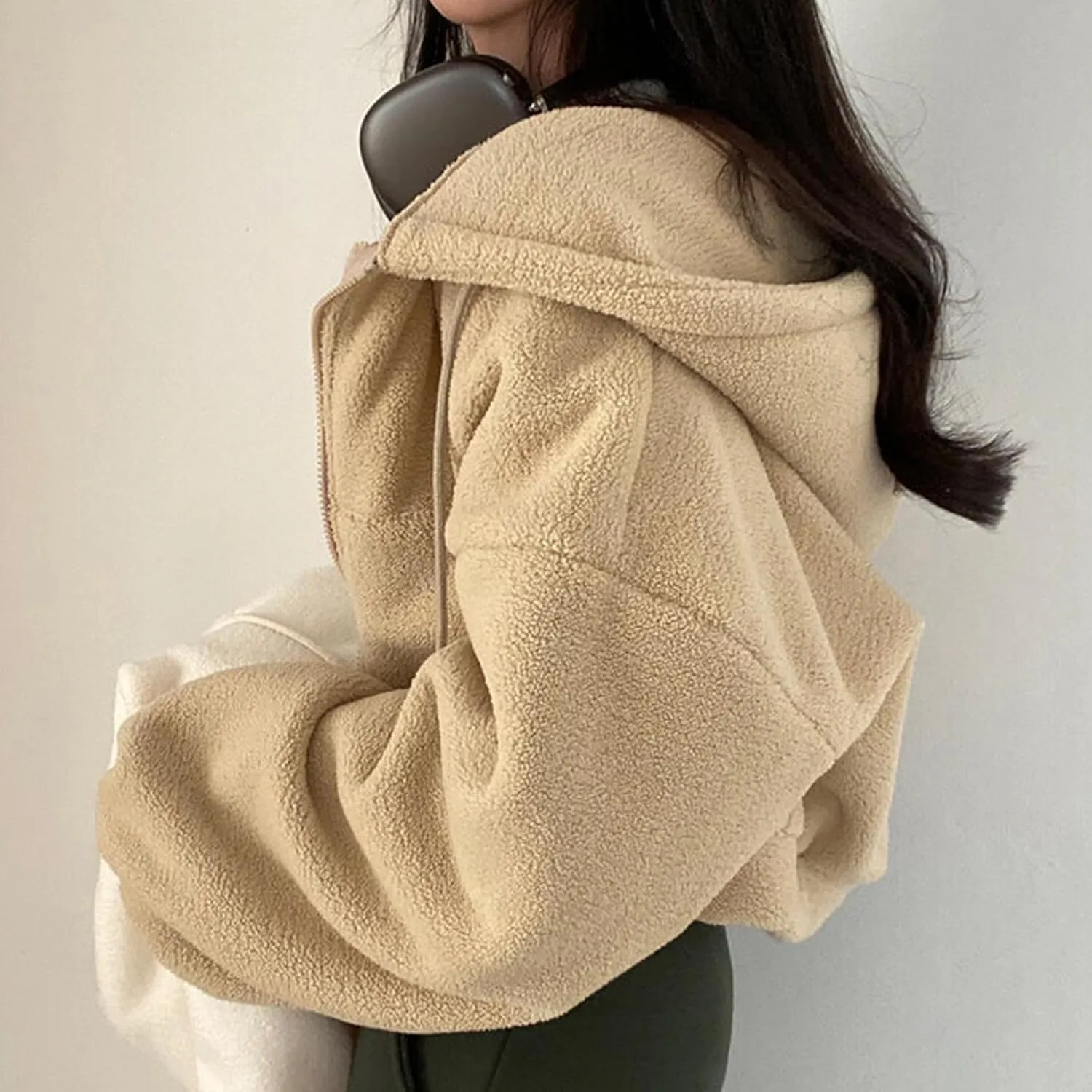 Perbai Womens Fuzzy Fleece Cropped Hoodie Zip Up Fluffy Sherpa Sweatshirt Jacket with Pockets