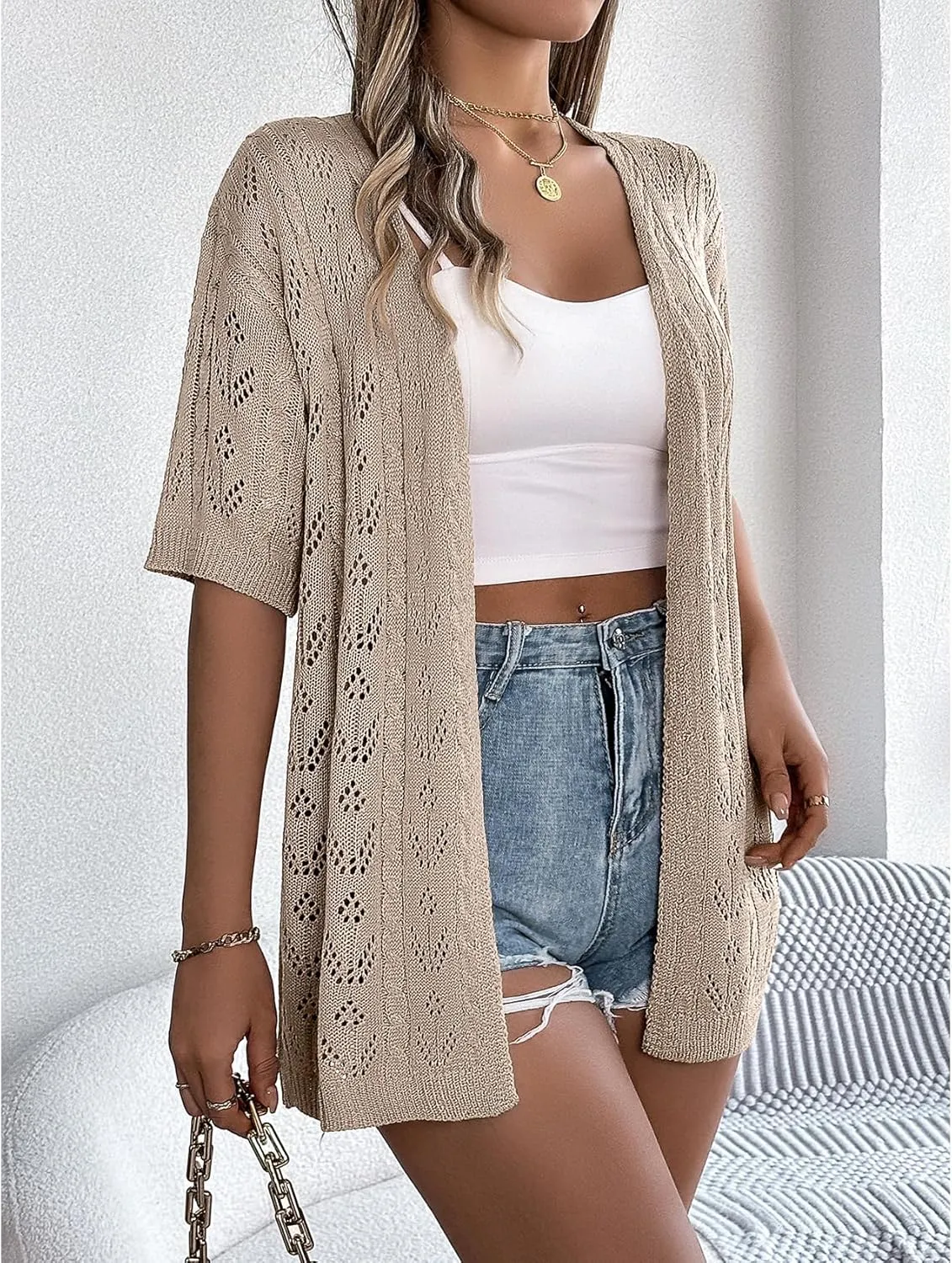Perbai Womens Lightweight Summer Crochet Cardigan Open Front Short Sleeve Boho Long Knit Kimono Jacket
