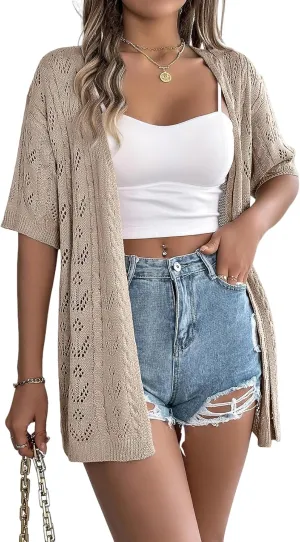 Perbai Womens Lightweight Summer Crochet Cardigan Open Front Short Sleeve Boho Long Knit Kimono Jacket
