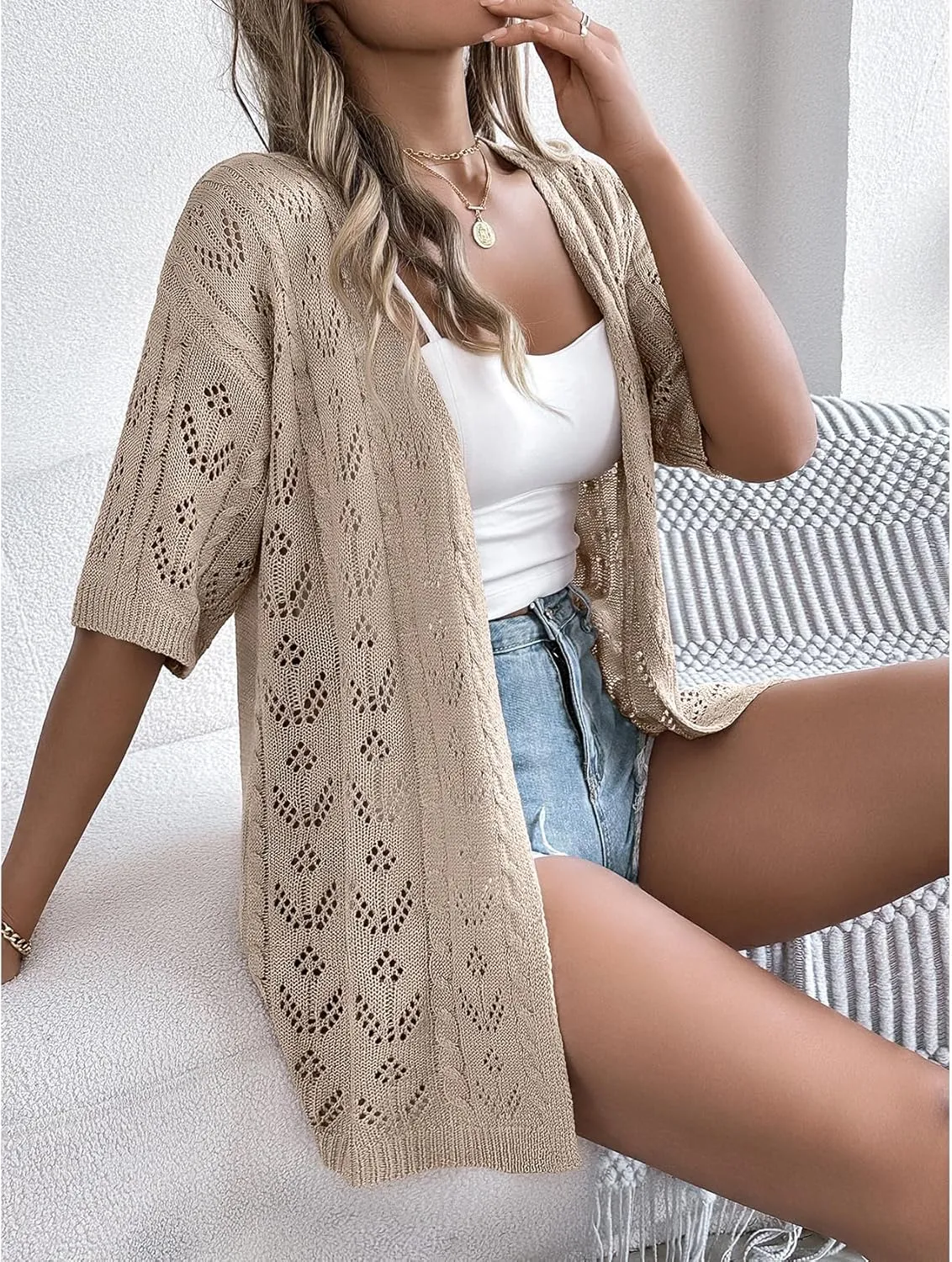 Perbai Womens Lightweight Summer Crochet Cardigan Open Front Short Sleeve Boho Long Knit Kimono Jacket