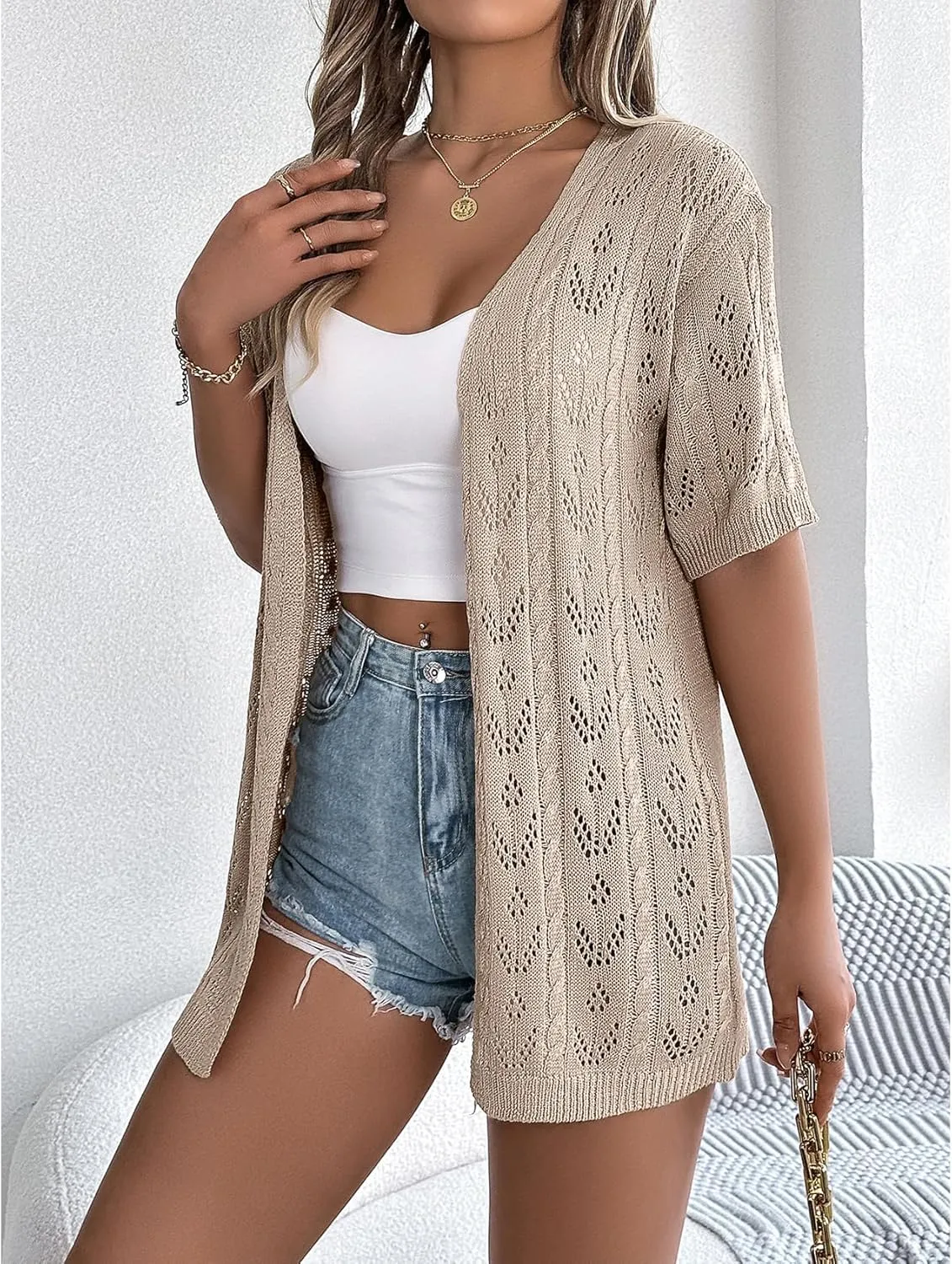 Perbai Womens Lightweight Summer Crochet Cardigan Open Front Short Sleeve Boho Long Knit Kimono Jacket