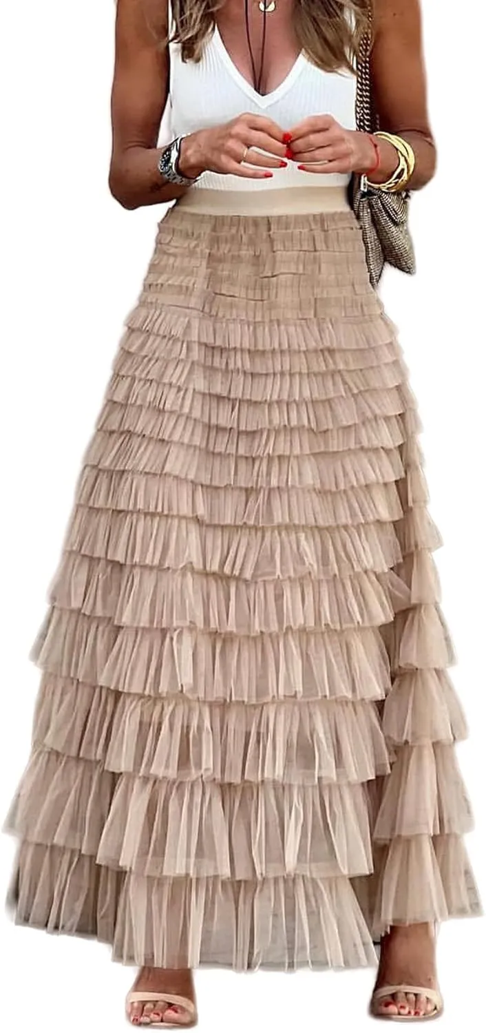 Perbai Womens Long Maxi Tiered Tulle Skirt High Waisted A Line Layered Mesh Tutu Skirts Petticoat