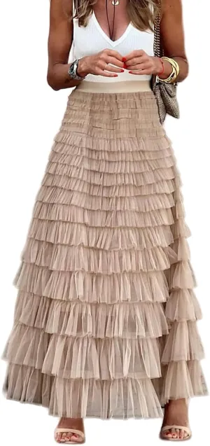 Perbai Womens Long Maxi Tiered Tulle Skirt High Waisted A Line Layered Mesh Tutu Skirts Petticoat