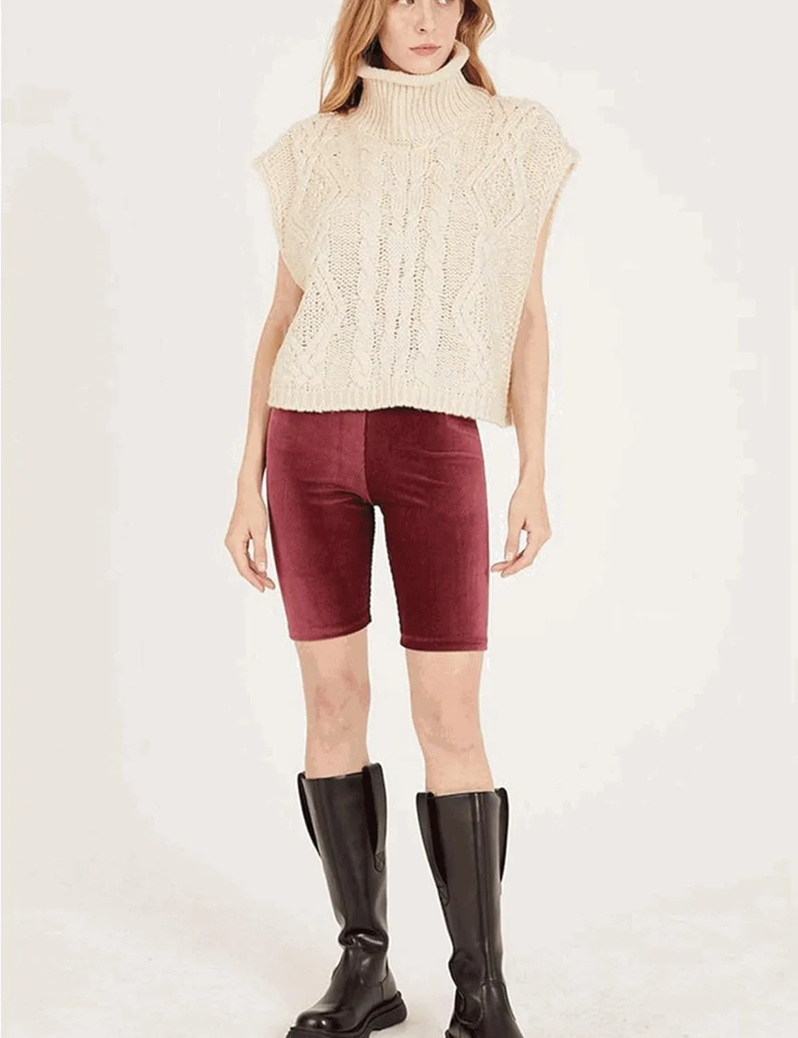 Perbai Womens Oversized Cropped Sweater Vest Pullover Cap Sleeve Turtleneck Cable Knit Tank Top