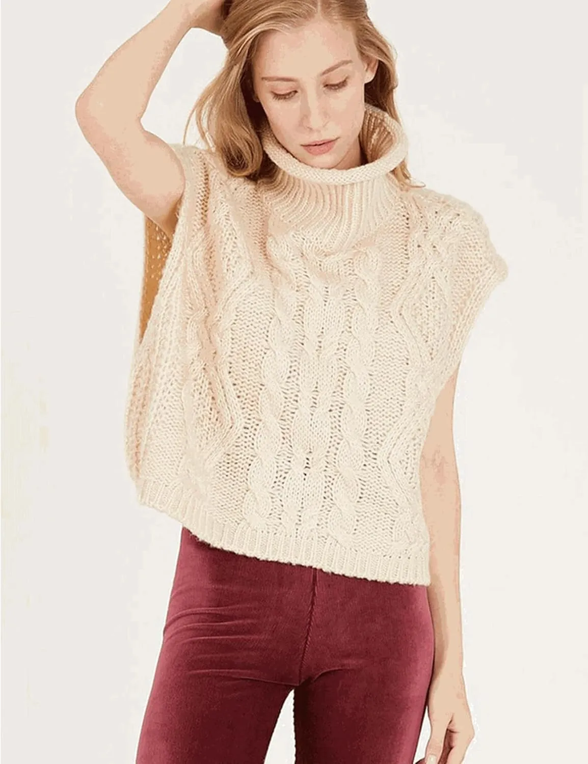 Perbai Womens Oversized Cropped Sweater Vest Pullover Cap Sleeve Turtleneck Cable Knit Tank Top