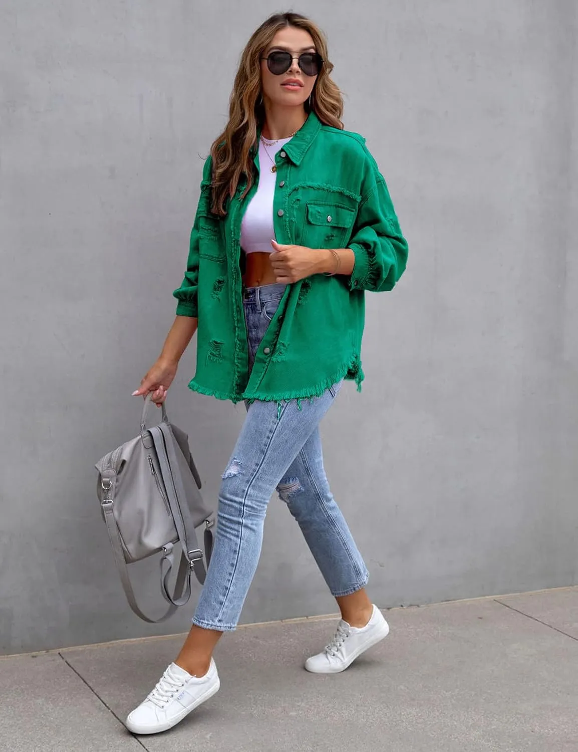 Perbai Womens Oversized Ripped Denim Jacket Frayed Hem Button Front Boyfriend Jean Coat Western Shacket with Pockets