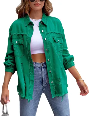 Perbai Womens Oversized Ripped Denim Jacket Frayed Hem Button Front Boyfriend Jean Coat Western Shacket with Pockets