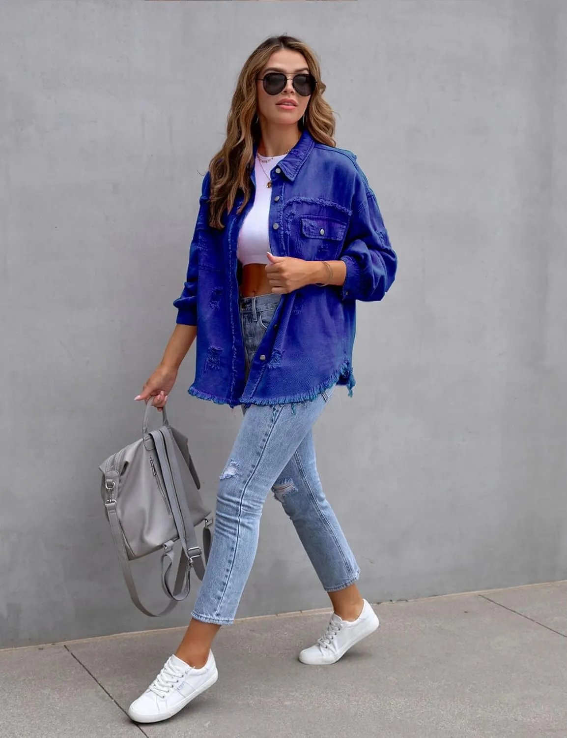 Perbai Womens Oversized Ripped Denim Jacket Frayed Hem Button Front Boyfriend Jean Coat Western Shacket with Pockets