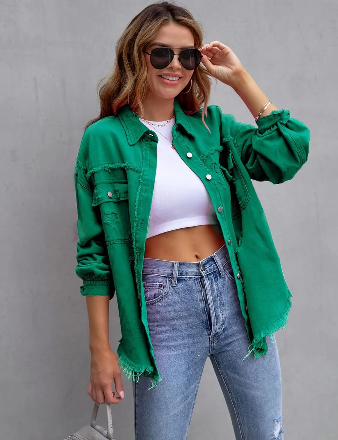 Perbai Womens Oversized Ripped Denim Jacket Frayed Hem Button Front Boyfriend Jean Coat Western Shacket with Pockets