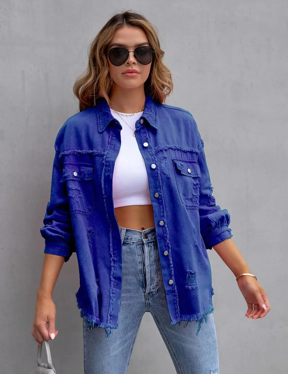 Perbai Womens Oversized Ripped Denim Jacket Frayed Hem Button Front Boyfriend Jean Coat Western Shacket with Pockets