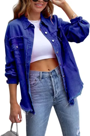 Perbai Womens Oversized Ripped Denim Jacket Frayed Hem Button Front Boyfriend Jean Coat Western Shacket with Pockets