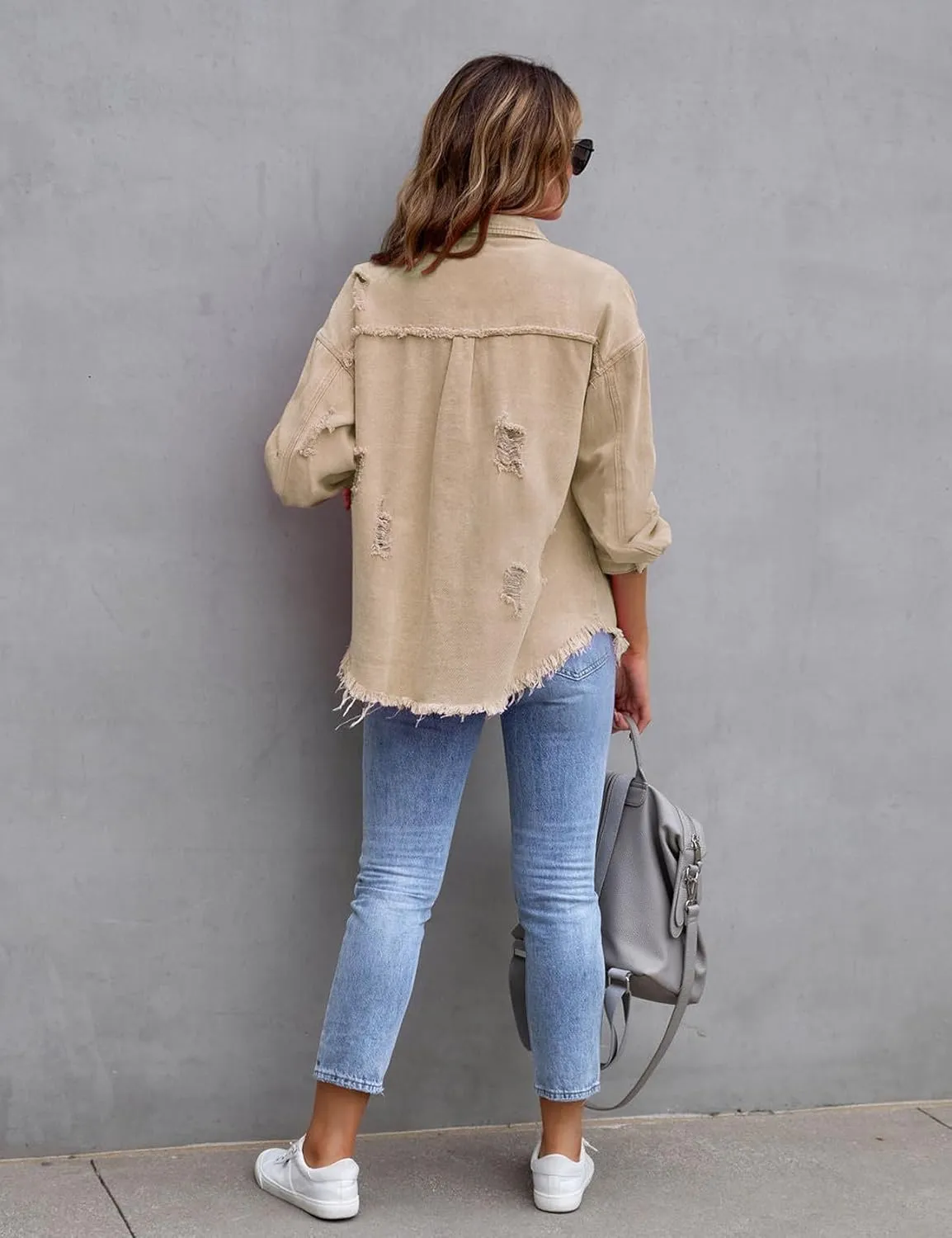 Perbai Womens Oversized Ripped Denim Jacket Frayed Hem Button Front Boyfriend Jean Coat Western Shacket with Pockets
