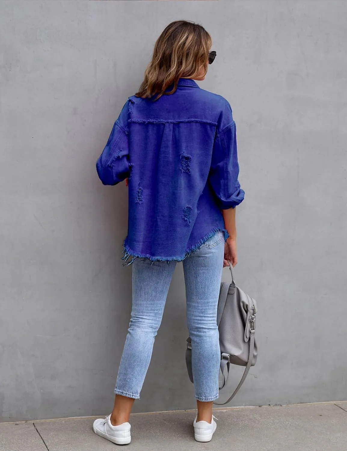 Perbai Womens Oversized Ripped Denim Jacket Frayed Hem Button Front Boyfriend Jean Coat Western Shacket with Pockets