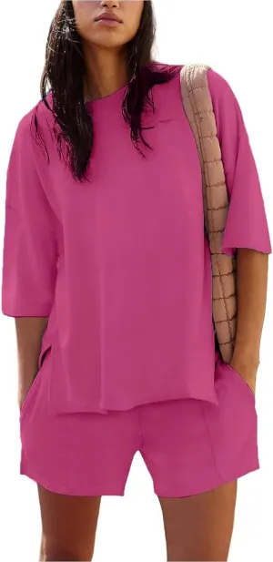 Plus Size 2 Piece Sets for Women Casual Loose Split Hem 3/4 Sleeve Tops Baggy Shorts Outfits Summer Solid Tracksuits