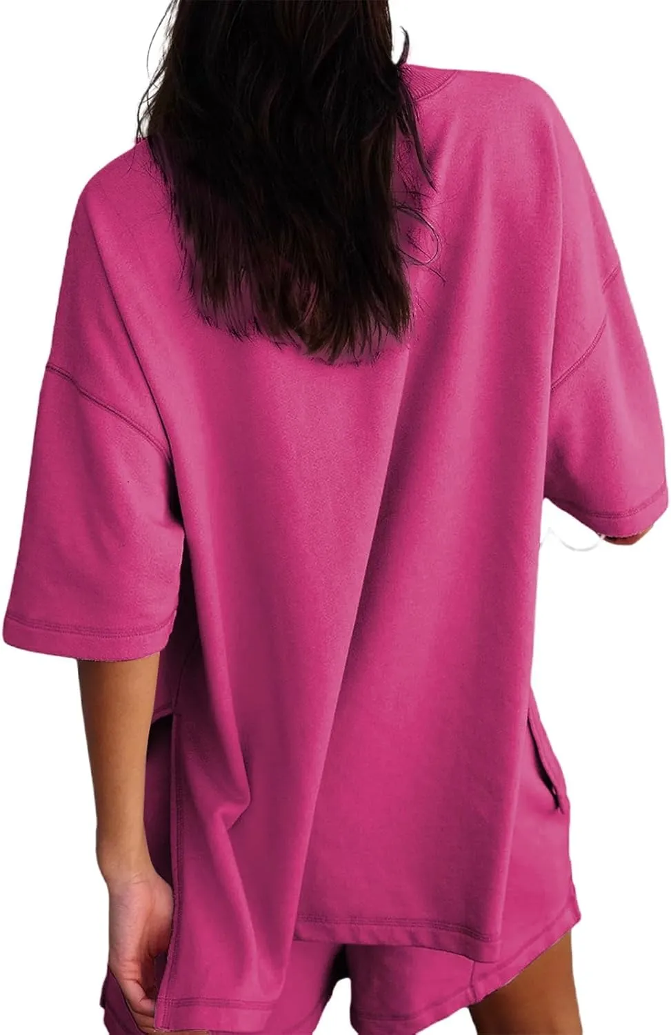 Plus Size 2 Piece Sets for Women Casual Loose Split Hem 3/4 Sleeve Tops Baggy Shorts Outfits Summer Solid Tracksuits
