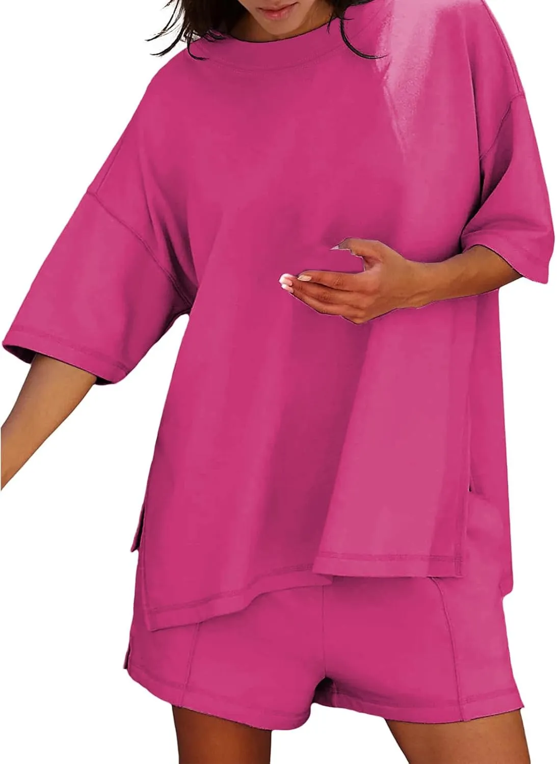 Plus Size 2 Piece Sets for Women Casual Loose Split Hem 3/4 Sleeve Tops Baggy Shorts Outfits Summer Solid Tracksuits