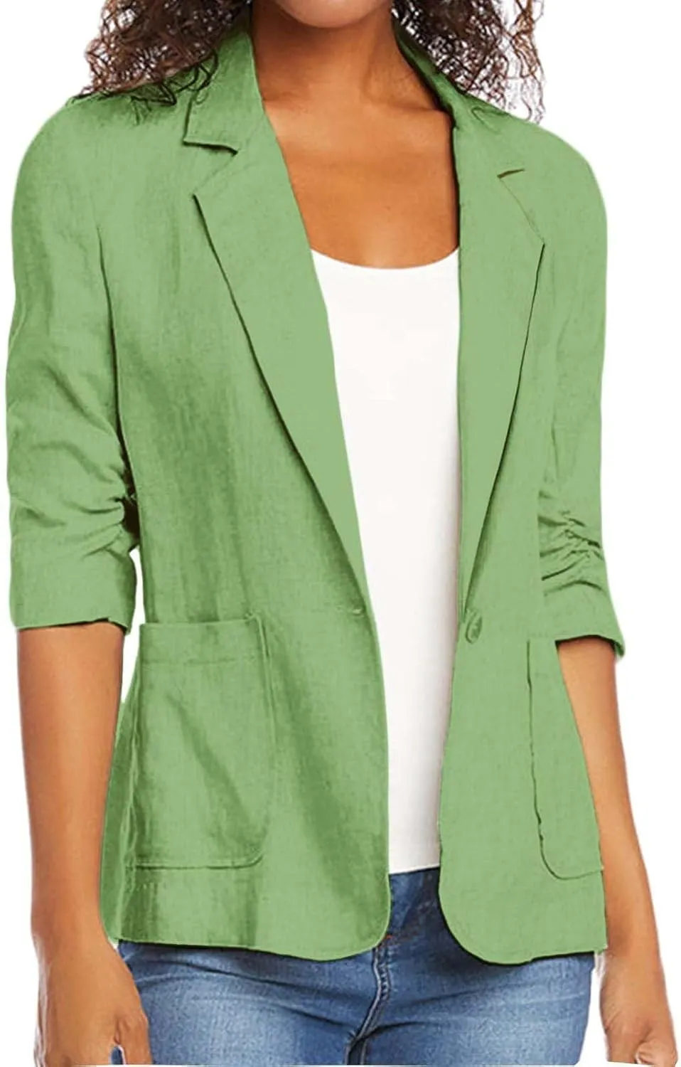 Plus Size Cotton Linen Blazers for Women Lightweight 3/4 Ruched Sleeve Casual Jackets Open Front Lapel Work Outwear