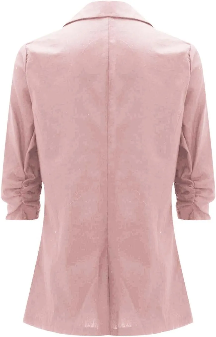 Plus Size Cotton Linen Blazers for Women Lightweight 3/4 Ruched Sleeve Casual Jackets Open Front Lapel Work Outwear